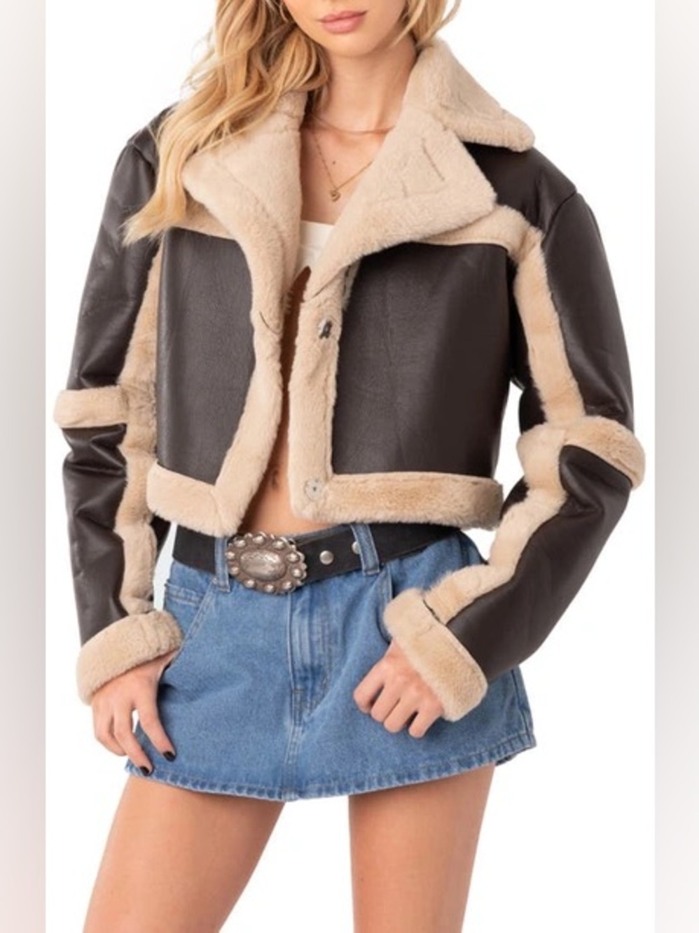 EDIKTED Ricky Faux Shearling Jacket In Brown NWT nordstrom cropped